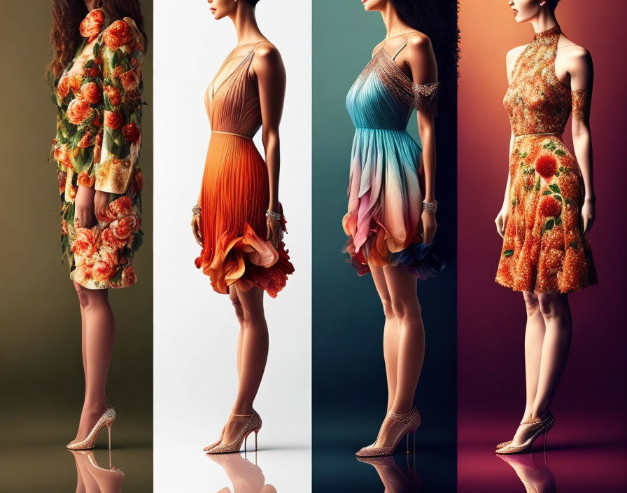 Four Women in Stylish Floral Dresses and High Heels on Reflective Surface