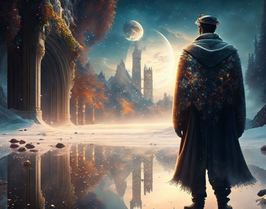 Mysterious figure in cloak gazes at castle under moonlit sky