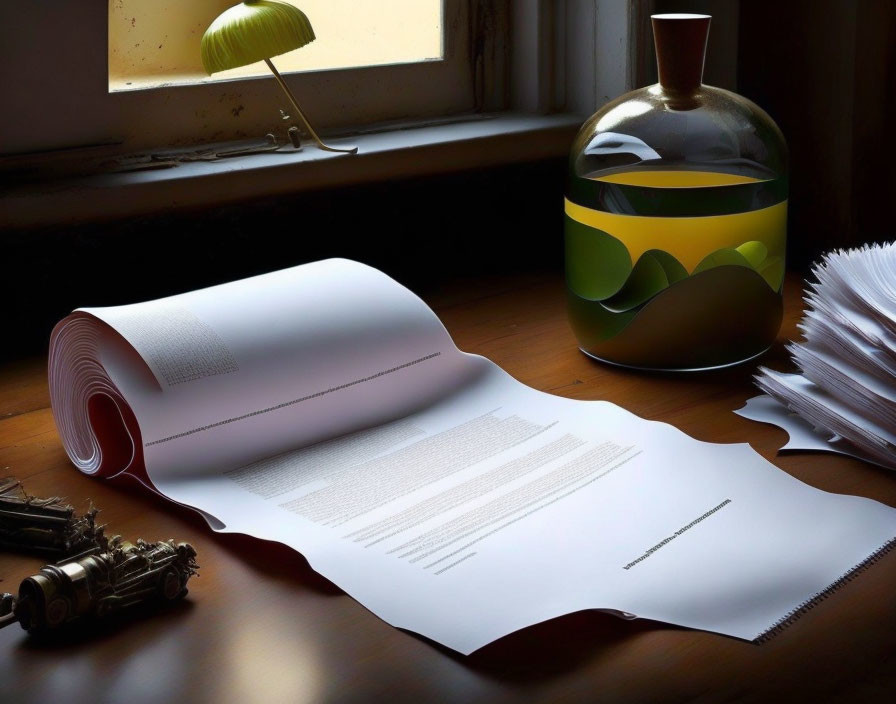 Unrolled paper scroll, green and yellow vase, lamp on windowsill