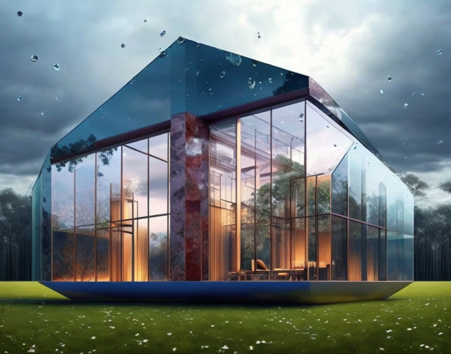 Glass house with warm interior lighting in rainy dusk.