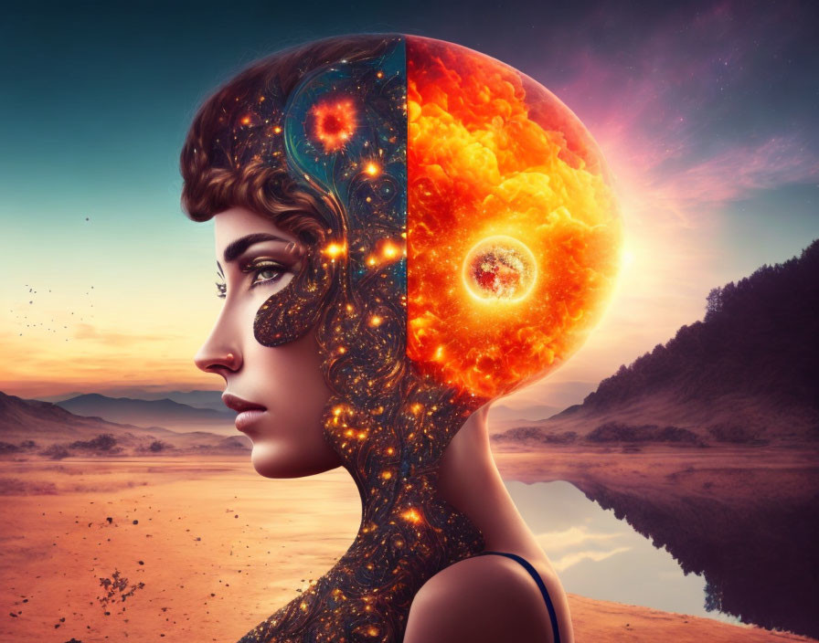 Digital artwork: Woman with cosmos and fiery sun in head, desert sunset backdrop