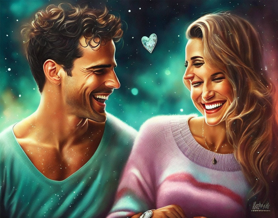 Smiling couple with heart in digital painting