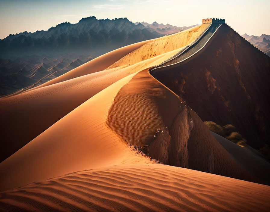 Winding wall on desert sand dunes under glowing sky