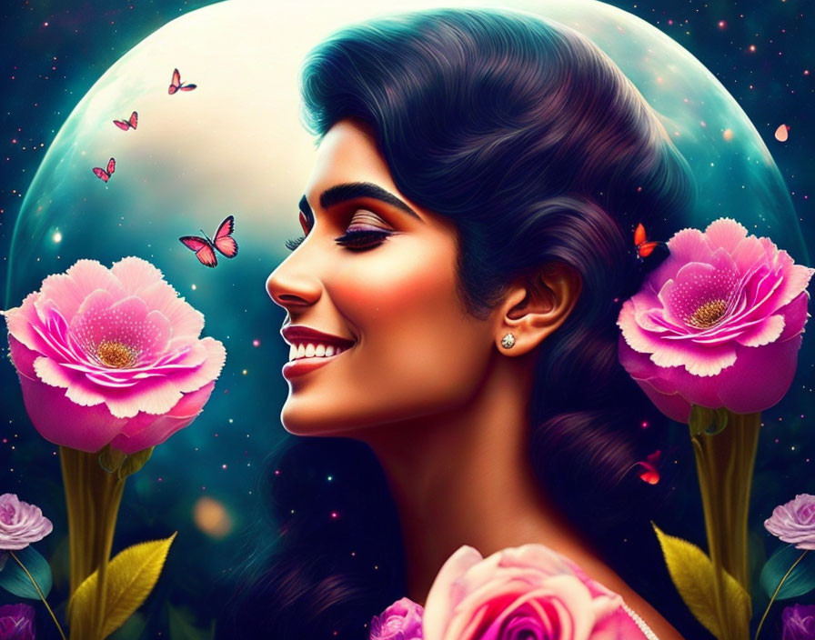 Colorful illustration of smiling woman with lush hair in cosmic setting