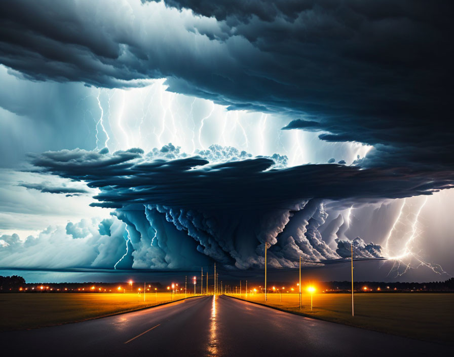 Intense lightning in dramatic thunderstorm over dark highway