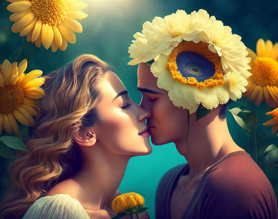 Digital Artwork: Couple Kissing with Sunflower-Adorned Heads in Surreal Forest