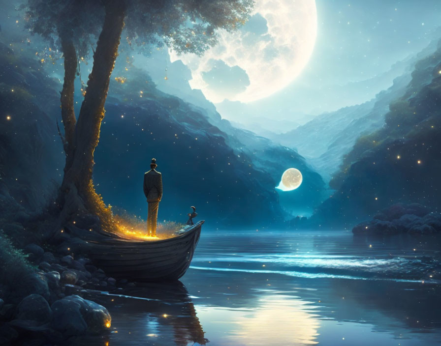 Man and dog on boat under starry night sky with two moons, serene river, glowing trees,