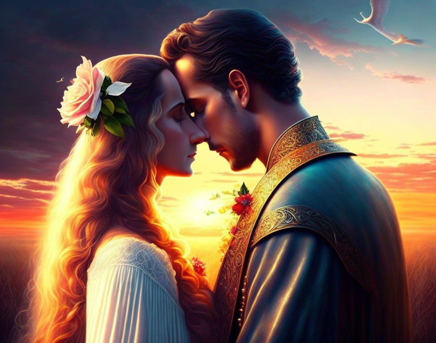 Illustrated couple in elegant attire against sunset with crescent moon