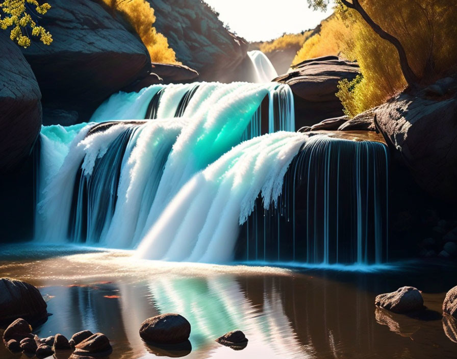 Tranquil waterfall over layered rocks in forest setting