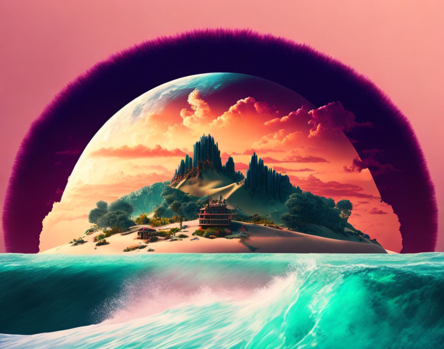 Surreal landscape with giant planet, mountainous island, traditional buildings, vibrant waves, and pink