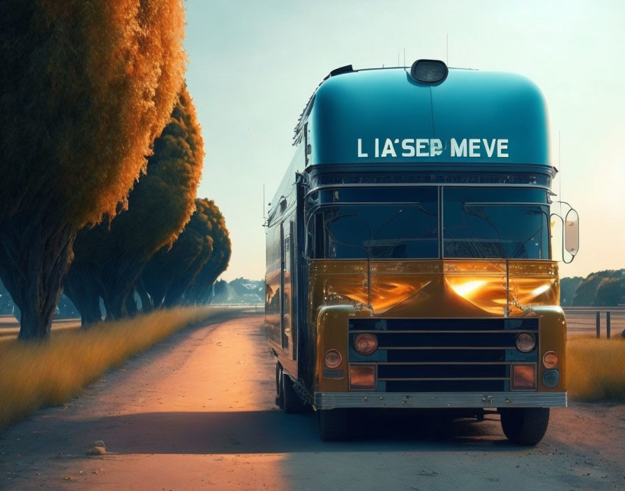 Vintage Blue Bus on Deserted Road at Golden Hour with "L'Aisép Meve" Destination