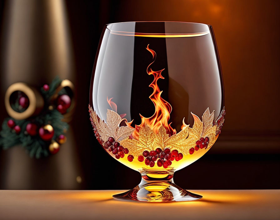 Snifter Glass with Fiery Design and Berries on Elegant Background