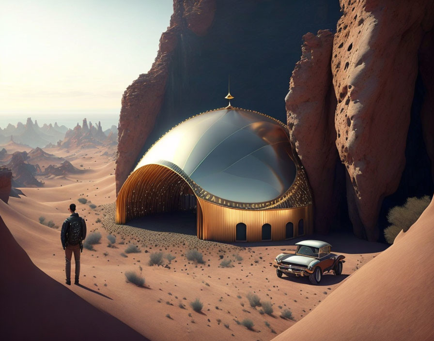 Person standing near futuristic dome in desert with modern car.