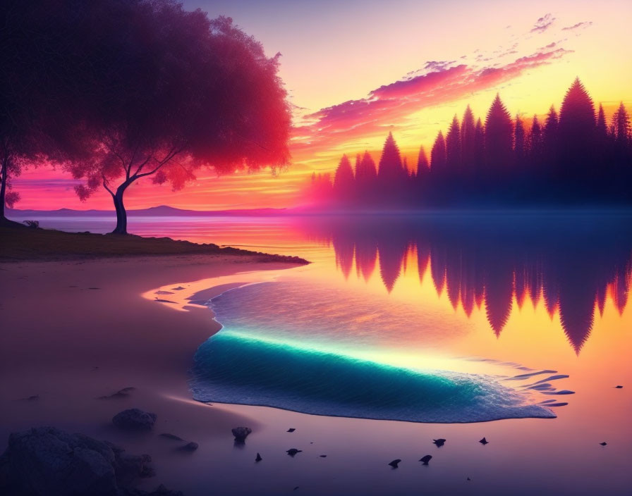 Scenic sunset over calm lake with purple and pink hues