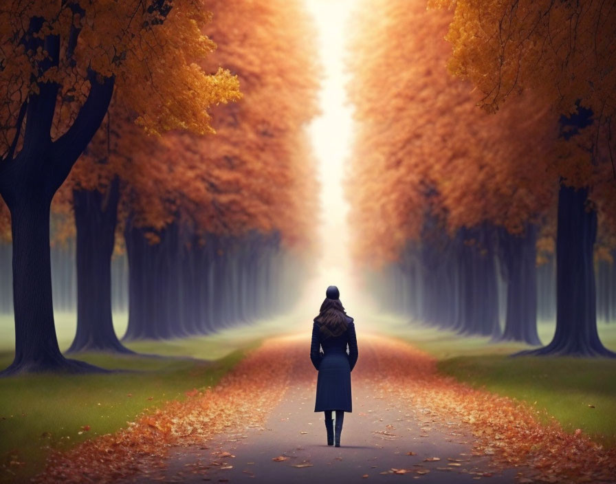 Person standing on tree-lined autumn path with bright light ahead