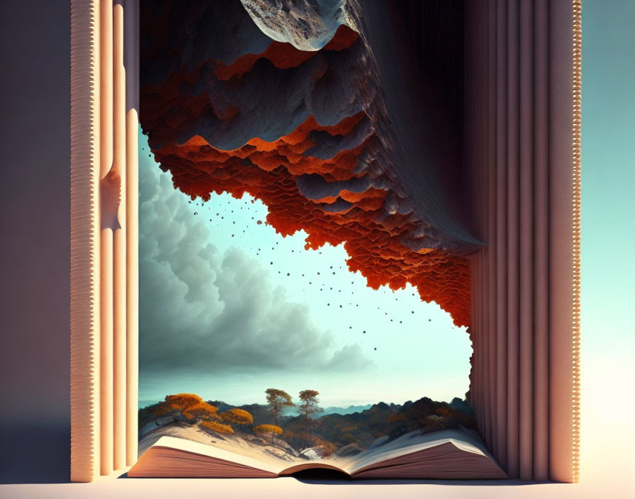 Surreal open book transforms into vibrant landscape with cliffs and birds