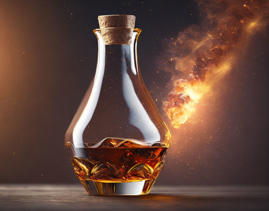 Amber Liquor Bottle with Fiery Swirl on Dark Background