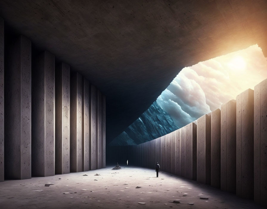 Solitary figure in concrete tunnel with slanted walls and bright opening.