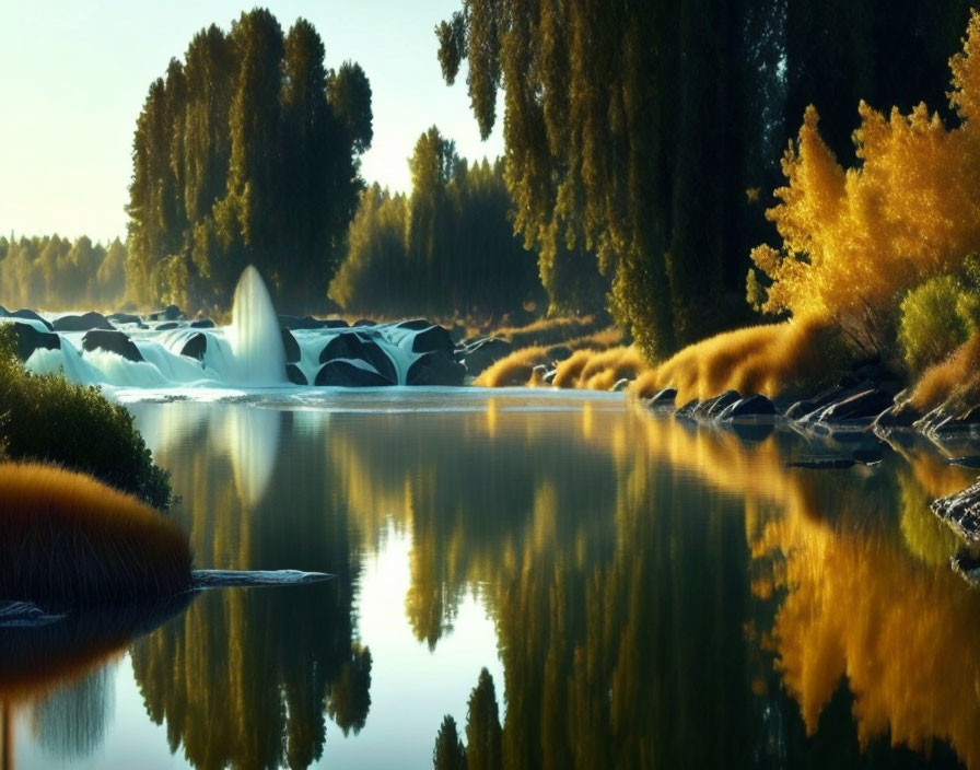 Serene Autumn Scene: River, Waterfall, Trees, Sunlight