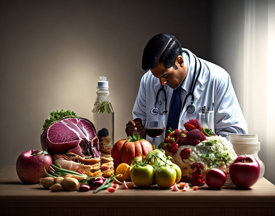 Doctor in lab coat examines healthy food on table.