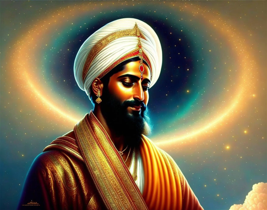 Regal Figure in Turban and Ornate Clothing Against Celestial Background