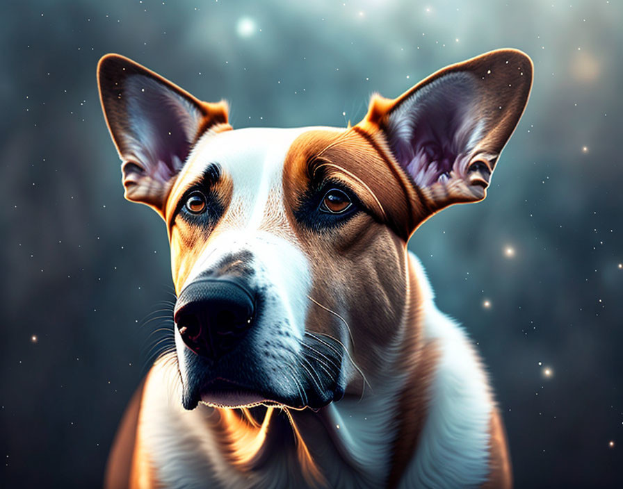 Digital art portrait: Dog with prominent ears in bokeh backdrop