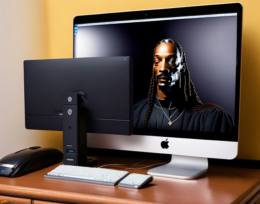 Desktop setup with iMac, portrait, vertical monitor, keyboard, and mouse on wooden desk