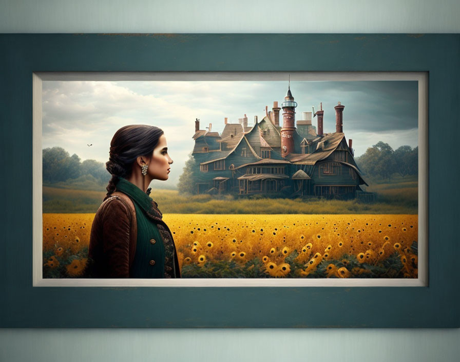 Profile of a woman gazing at Victorian house in sunflower field.