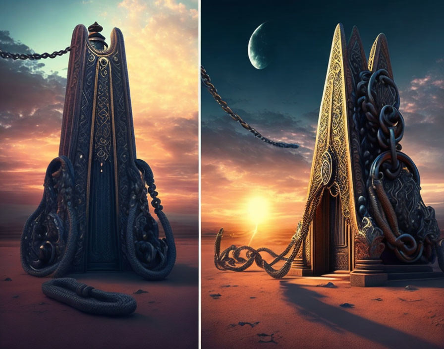 Surreal desert landscapes with iron-like structures under different skies