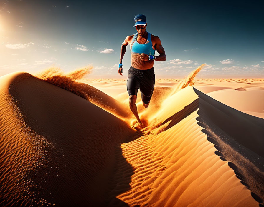 Athletic man running on sandy desert dune at sunset