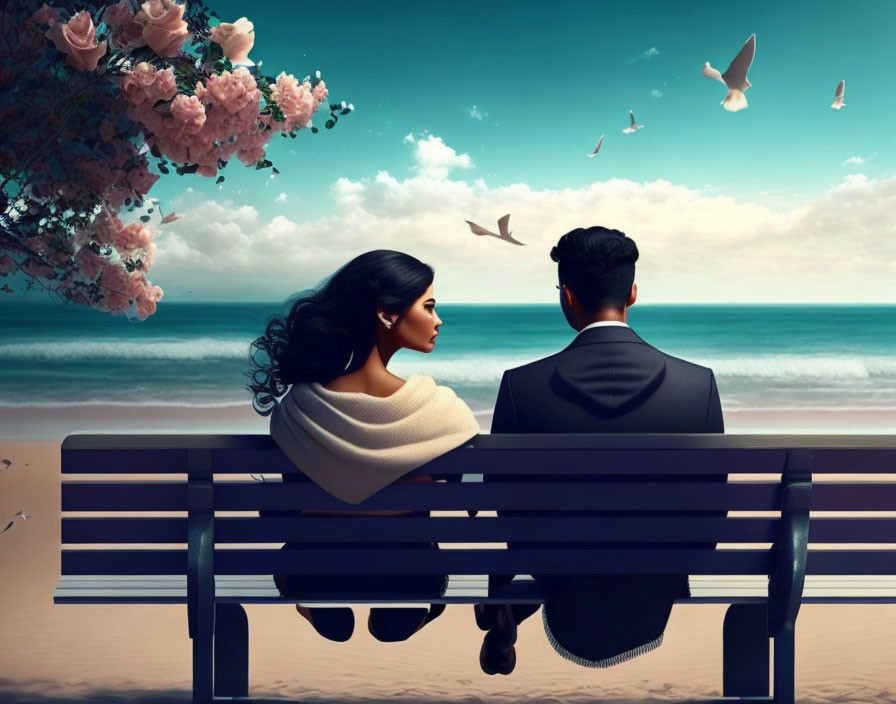 Couple sitting on bench by sea with flowers and birds - romantic scene