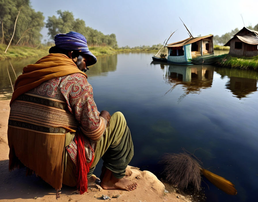 Person in Colorful Garments by Tranquil River with Floating Houses