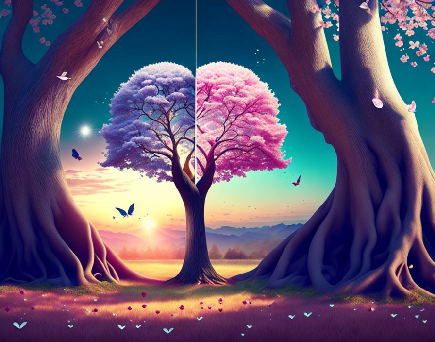 Colorful artwork of a whimsical tree in magical forest