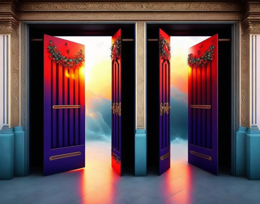 Surreal image: Open doors from classical interior to vibrant sunset