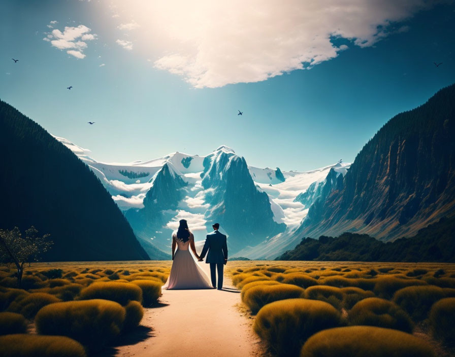 Wedding couple walking towards mountain range and scenic valley