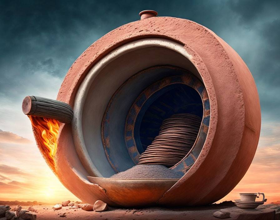 Giant teapot with spiral staircase and fire spout in desert landscape