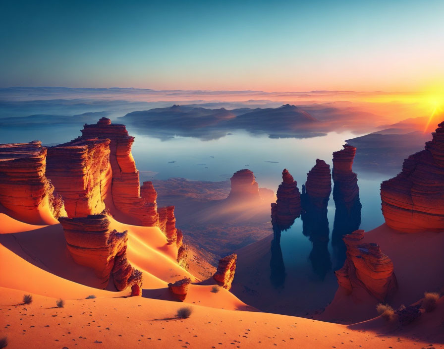 Tranquil desert sunrise with layered rocks and calm waters