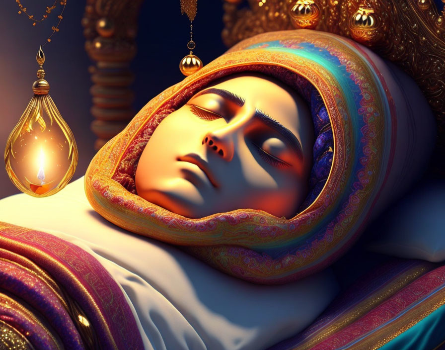 Serene face surrounded by colorful fabrics in soft lighting