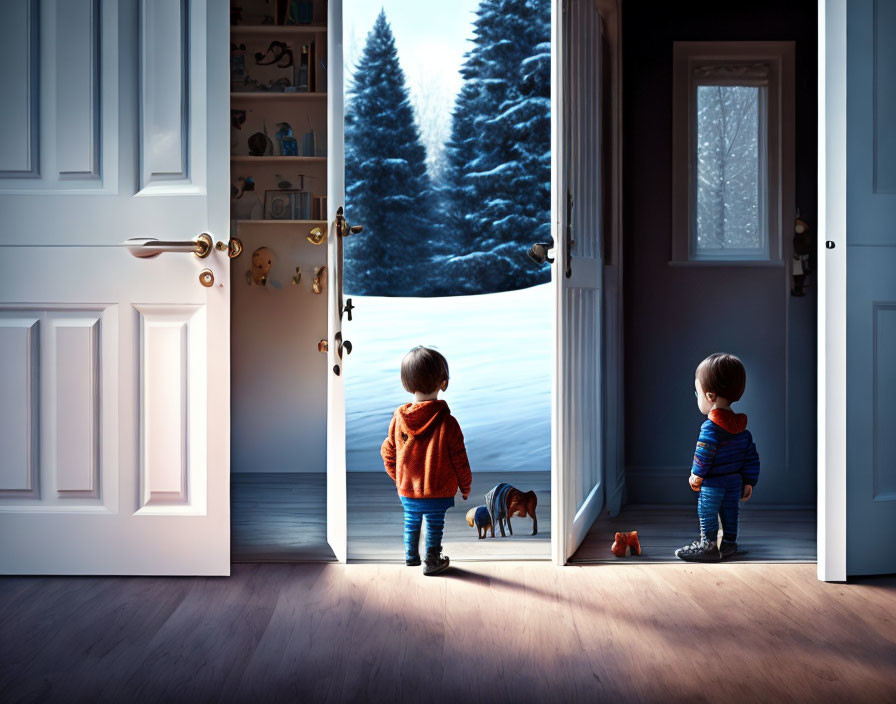 Child in orange sweater looks at snowy landscape with toy animals