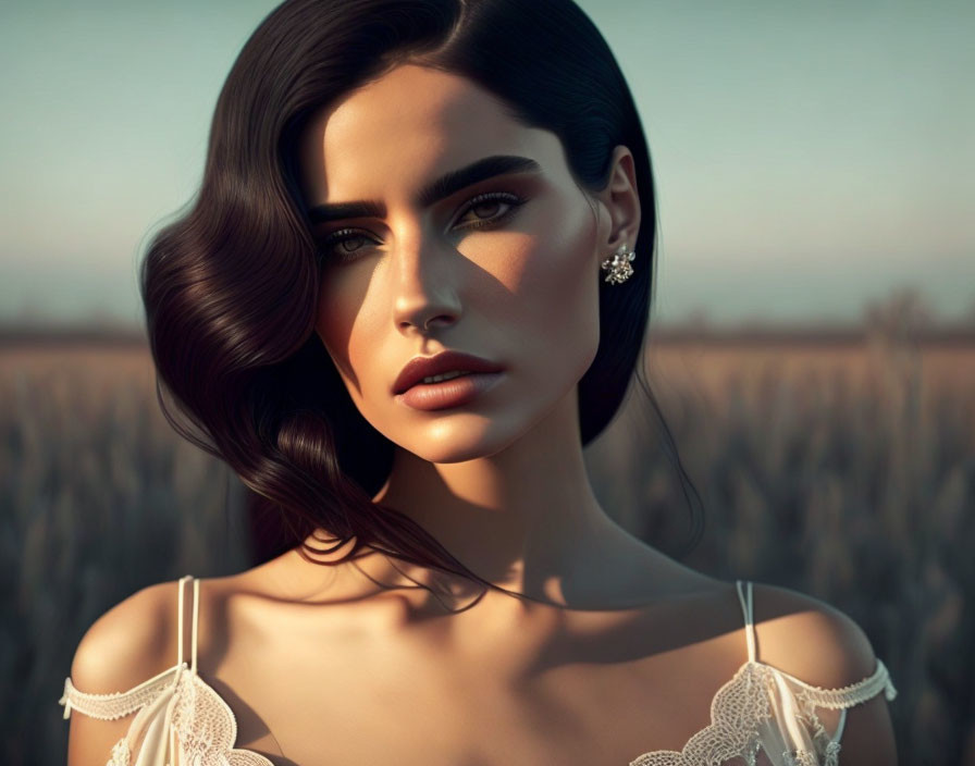 Portrait of woman with dark wavy hair and striking makeup in golden hour setting