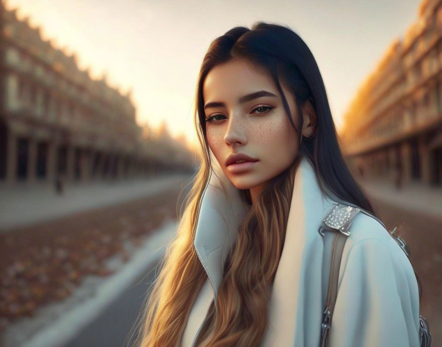 Digital portrait: Young woman with long hair, freckles, light blue jacket, blurred street backdrop