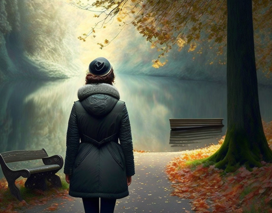 Person in winter coat walking through autumn park with fall trees and bench.