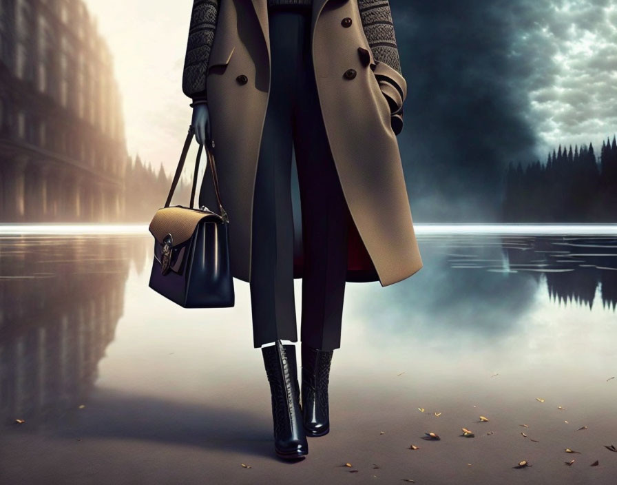 Fashionable individual with handbag, trench coat, and boots against dramatic sky reflection.