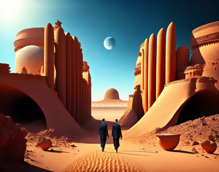 Two people walking to sandstone structures under a desert moon