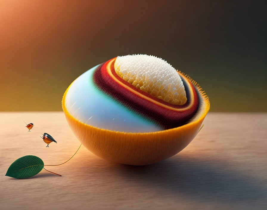 Colorful layered egg-like object with birds and leaf on reflective surface