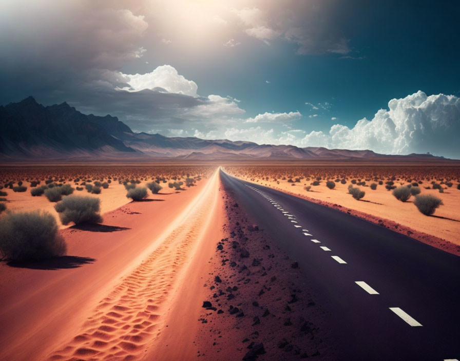 Straight Road Through Desert with Red Sand Dunes and Dramatic Sky