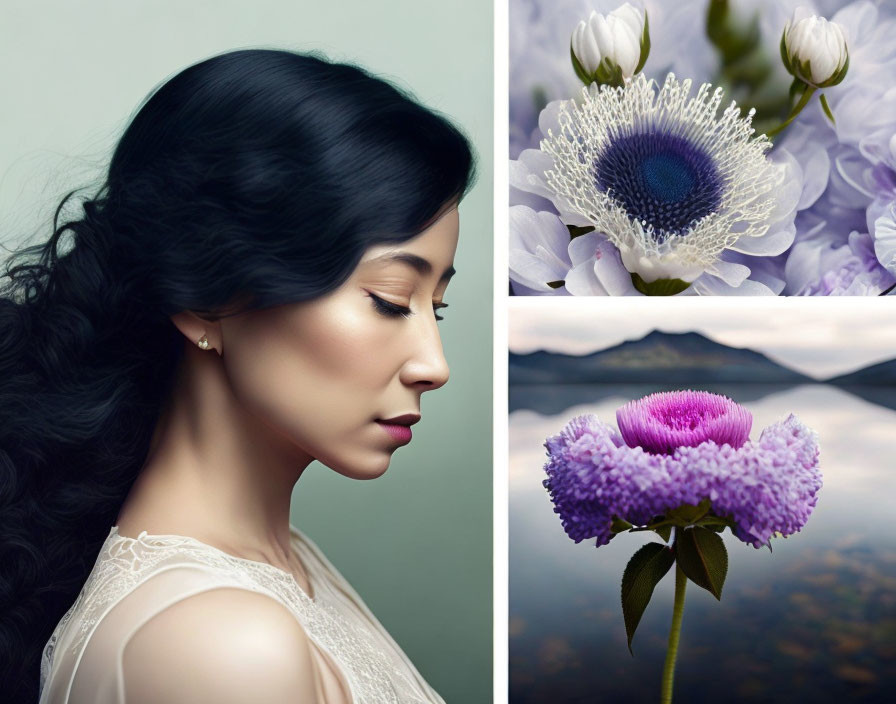 Profile of woman with long dark hair beside vibrant flowers on landscape background