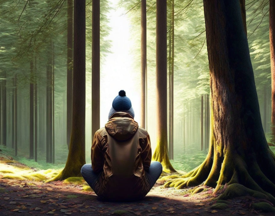 Person in warm hat and jacket sitting among tall trees in serene forest ambiance