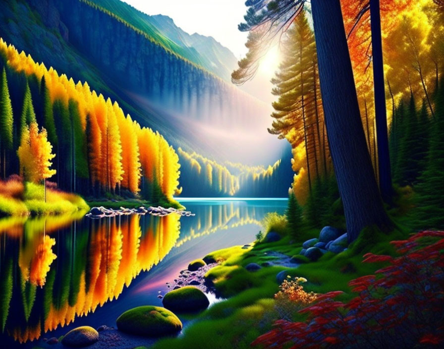 Serene autumn forest scene with lake reflection and sunbeams