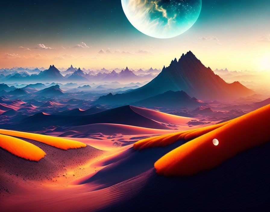 Orange-hued dunes, jagged mountains, and a large moon in surreal twilight sky